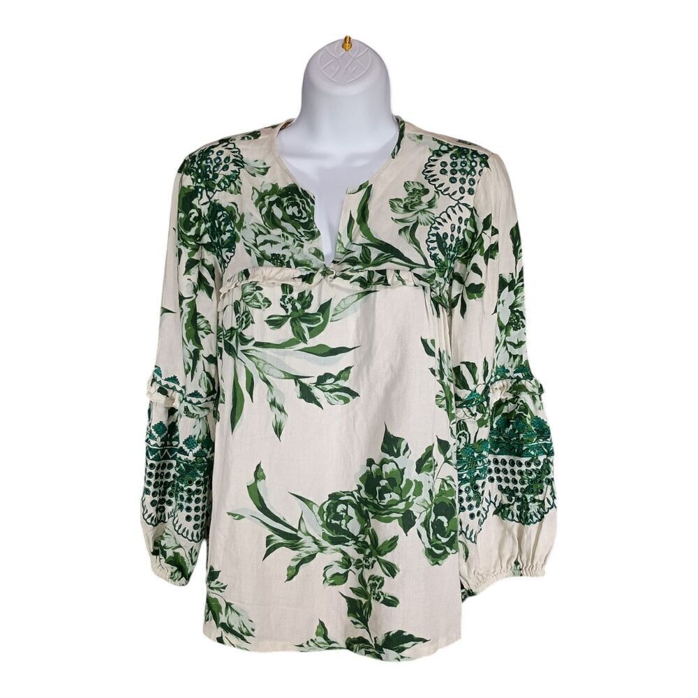 Vineet Bahl Anthropologie Tunic Blouse Top Embroidered Floral Linen Womens XS - Picture 2 of 6